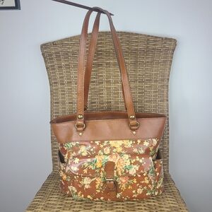 Patricia Nash Floral Brown Leather Tote Shoulder Bag Purse Double Handle